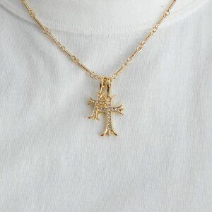 gold double cross dimond stone pendant necklace